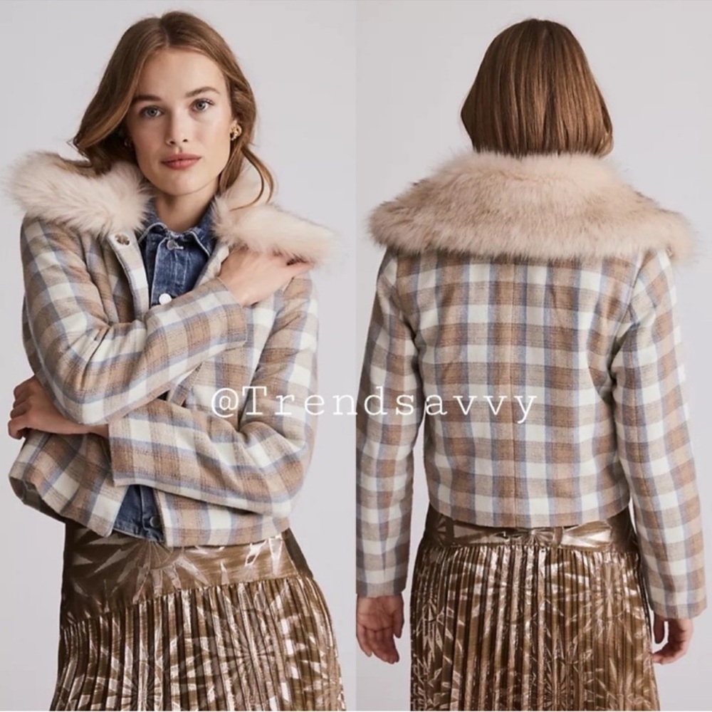 Anthropologie Unreal Fur Plaid Cropped Jacket Faux Fur Collar Winter Designer XL